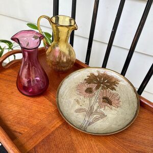 VTG Boho Brass A. Dellaux Plaque Art Glass Vase Pitcher Cottagecore MCM